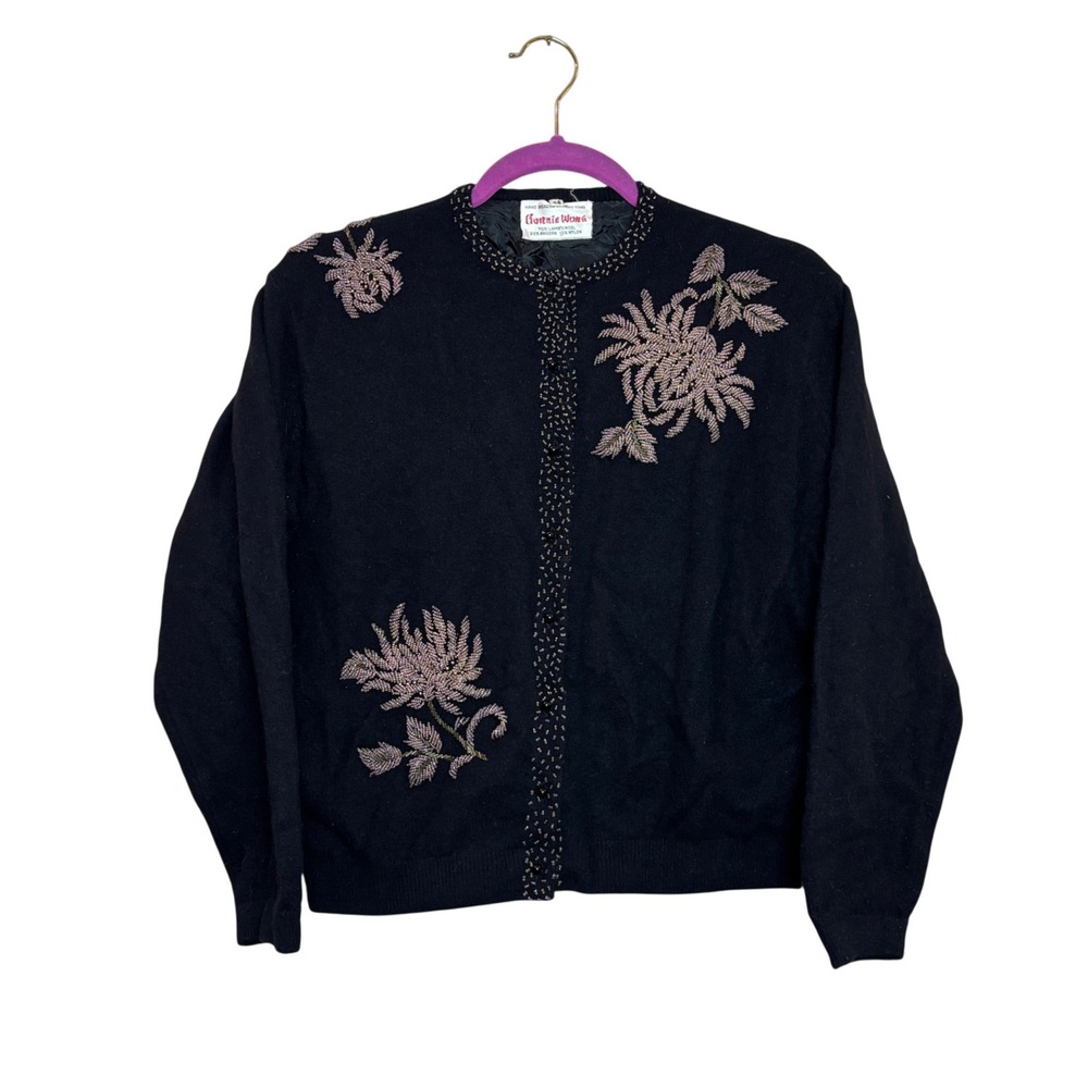 Vintage Cardigan Womens 44 Black Lambswool Angora Floral Glam Dark Romantic MCM